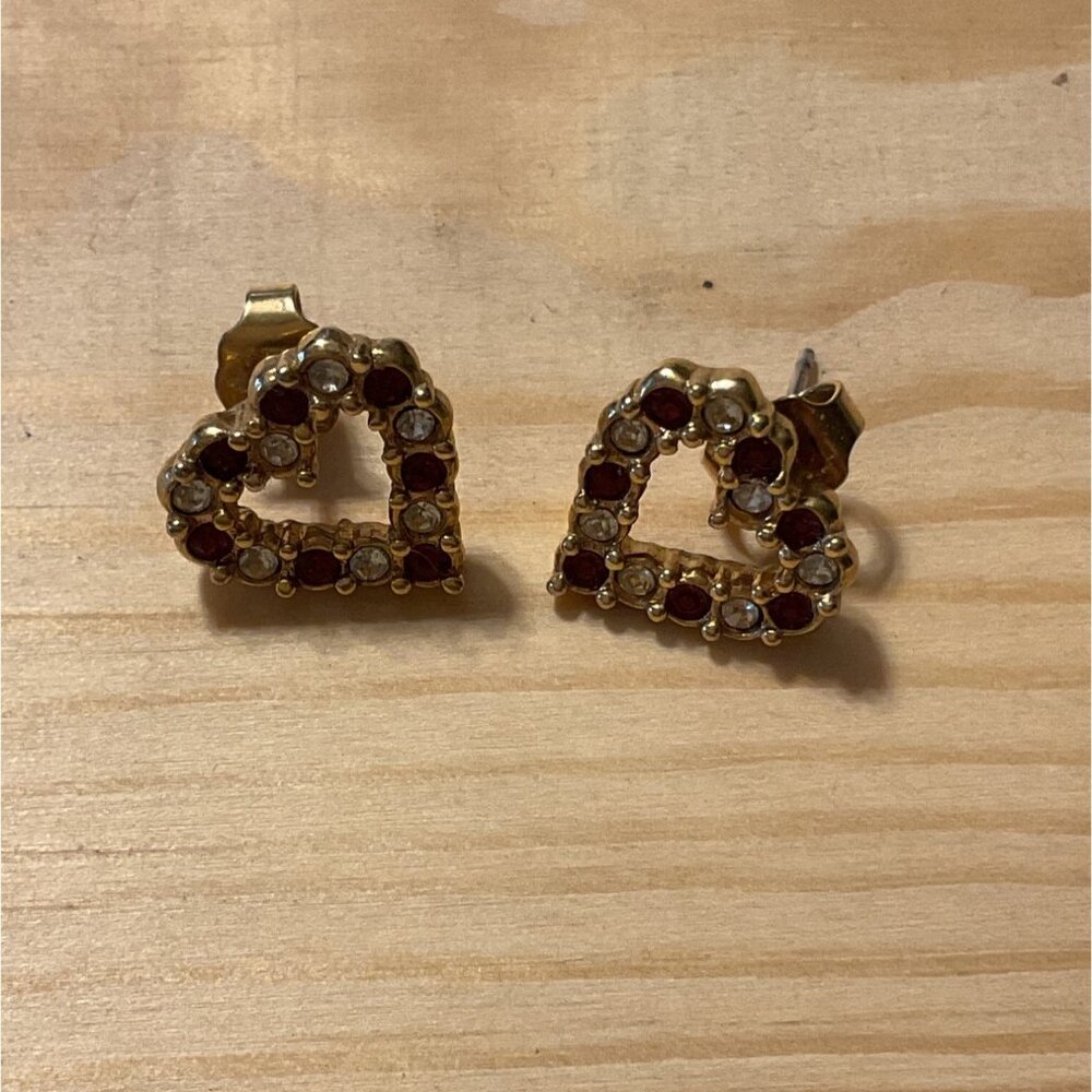 Vintage Gold-Tone Heart Earrings With Red & White Rhinestones